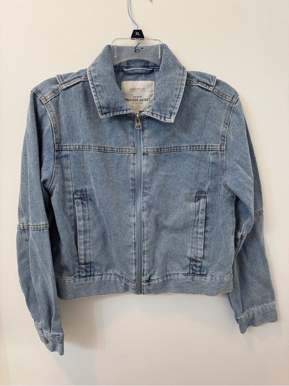 Ultra Flirt Light Wash Zip-Front Denim Trucker Jacket